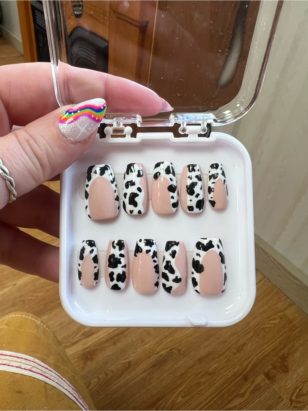 Hand Painted Cow Print Press-On Nails in Nude and White